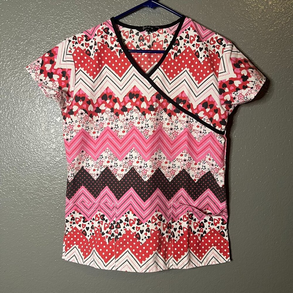 Just Love Hearts, Stars & Chevron Print Scrub Top - Size XS